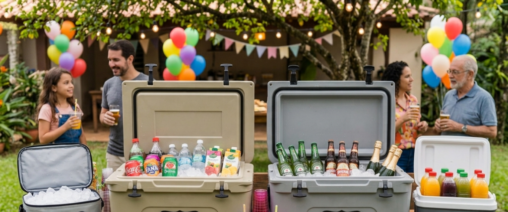 Caixas térmicas organizadas com bebidas e gelo durante uma festa. Caixas térmicas com bebidas organizadas para um evento.