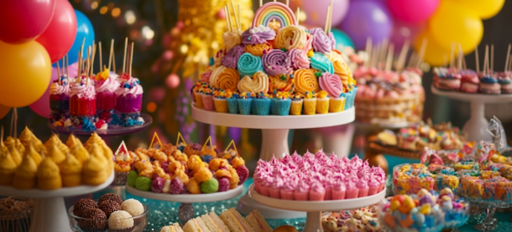 Festa infantil com mesa colorida, brigadeiros, salgados e bolo temático ilustrando a quantidade de comida por pessoa em festa.