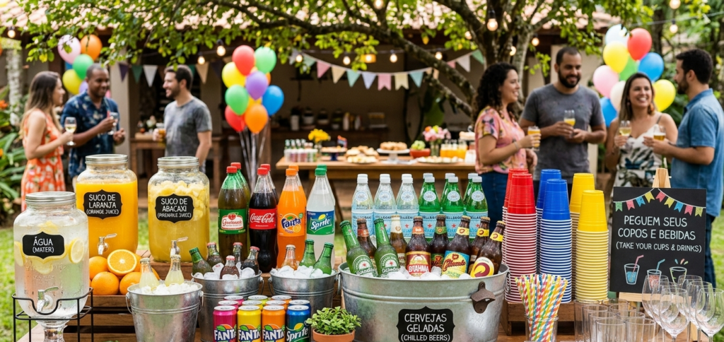Mesa de festa com refrigerantes, água, cervejas, sucos e copos organizados. Calcular corretamente a quantidade de bebida evita desperdícios e garante que nada falte durante a festa.