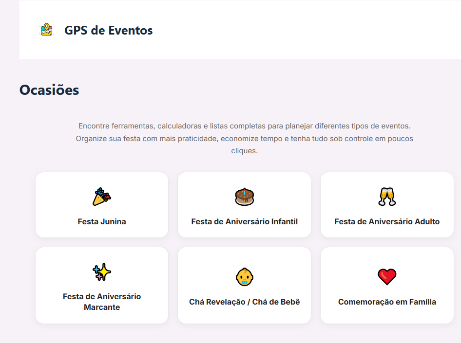Calculadora GPS de Eventos para planejamento de festa.