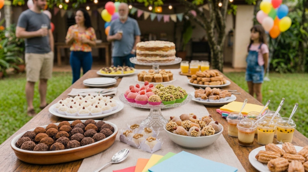 Mesa de doces para festa infantil com brigadeiro e docinhos variados