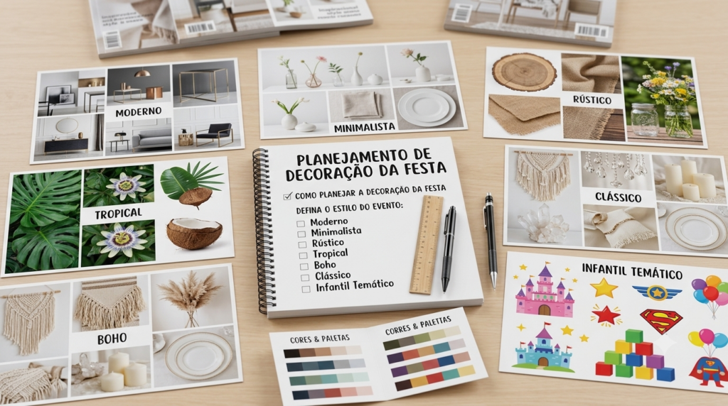 Defina o estilo do evento  Antes de comprar qualquer item, portanto, escolha um conceito visual.  Alguns estilos populares:  moderno;  minimalista;  rústico;  tropical;  boho;  clássico;  infantil temático.
