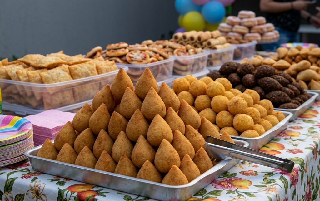 Como escolher os melhores sabores de salgados para festa Bandejas organizadas com diferentes sabores de salgados para festa.